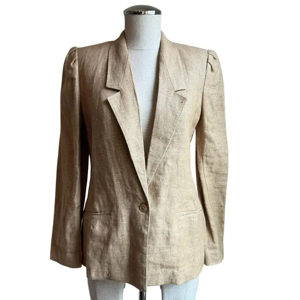 Vintage Linen Blazer Puff Shoulder Union Made USA Womens Size 4